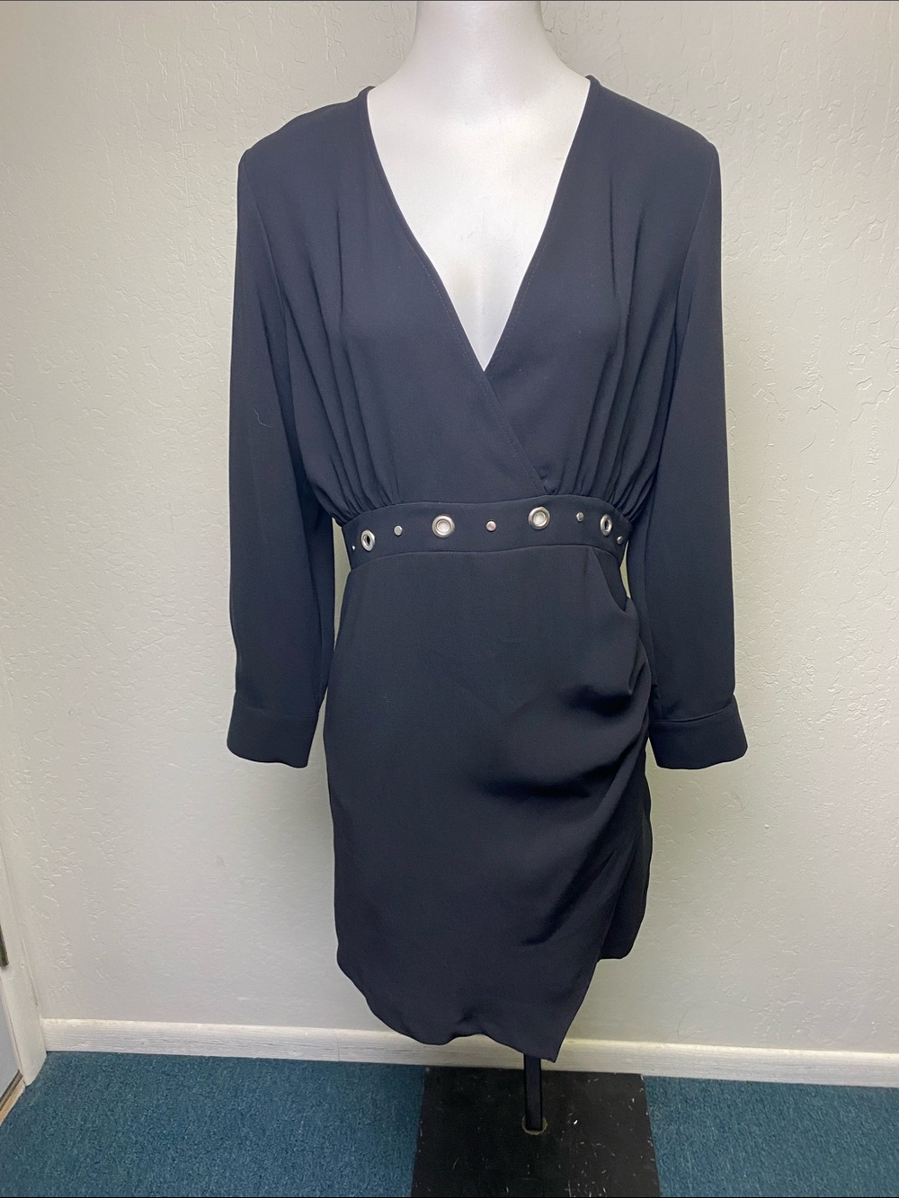 Zara Black Long Sleeve V-Neck Midi Dress with Grommet Waist